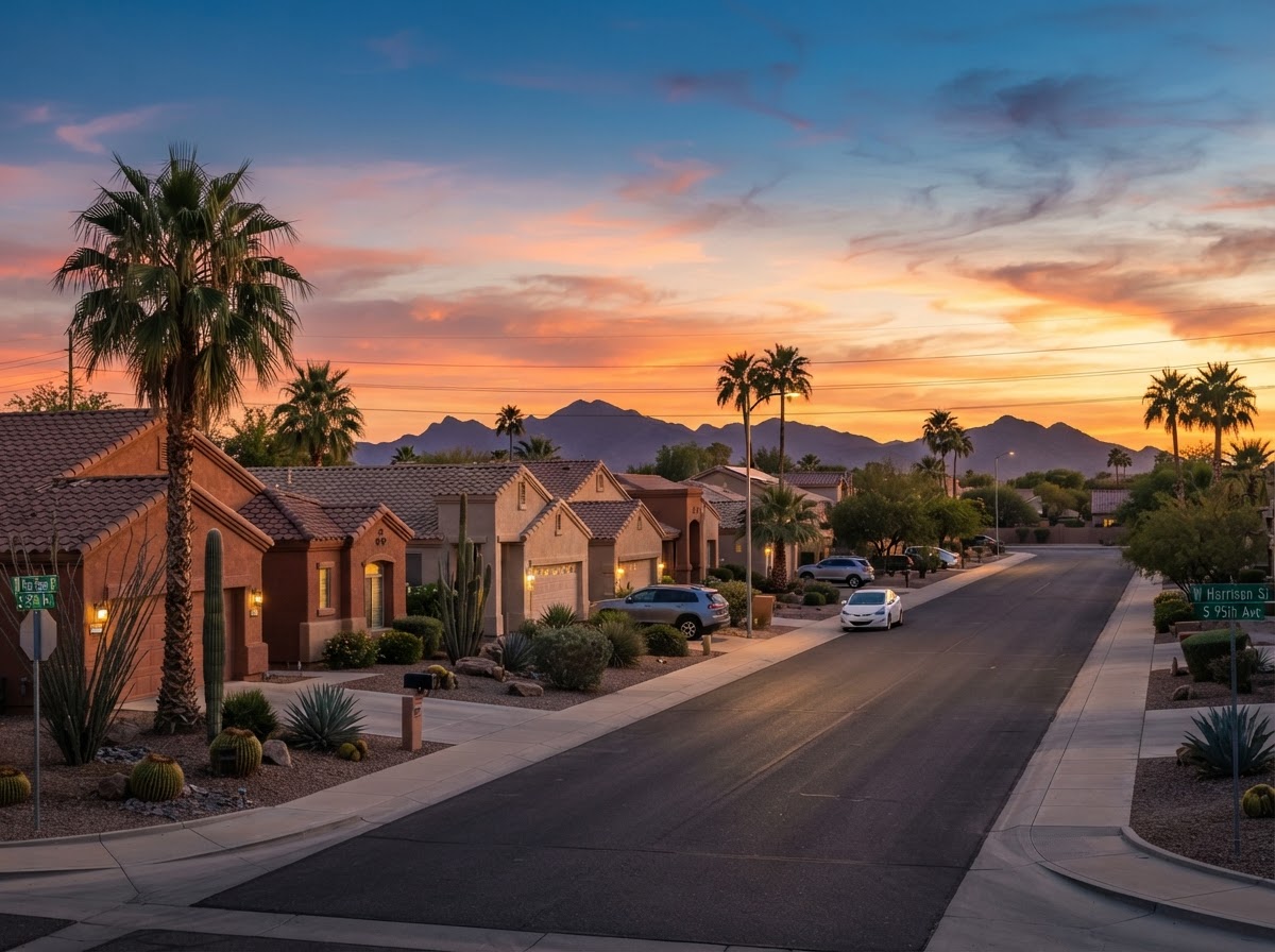 A Tolleson, Arizona neighborhood with stucco homes and mountain silhouettes at a desert sunset