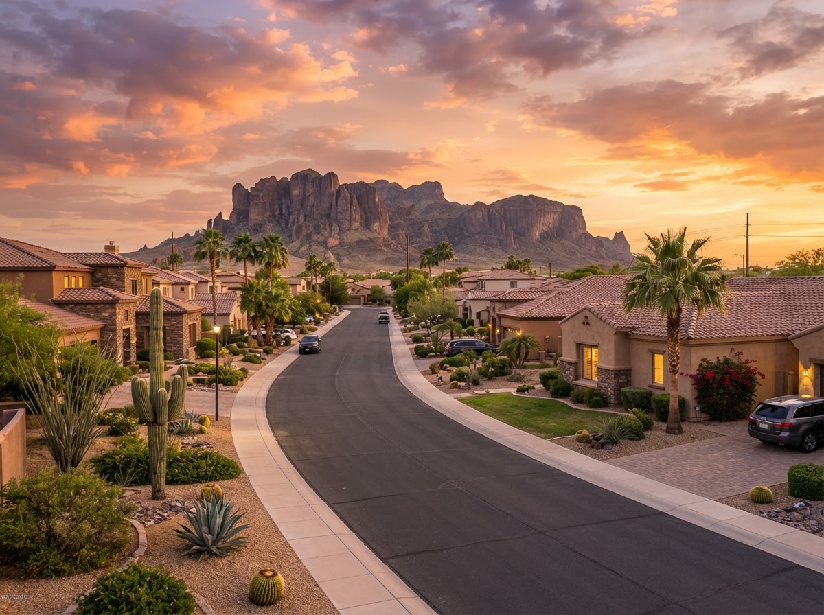 A Mesa, Arizona neighborhood with stucco homes, palm trees, and the Superstition Mountains at sunset