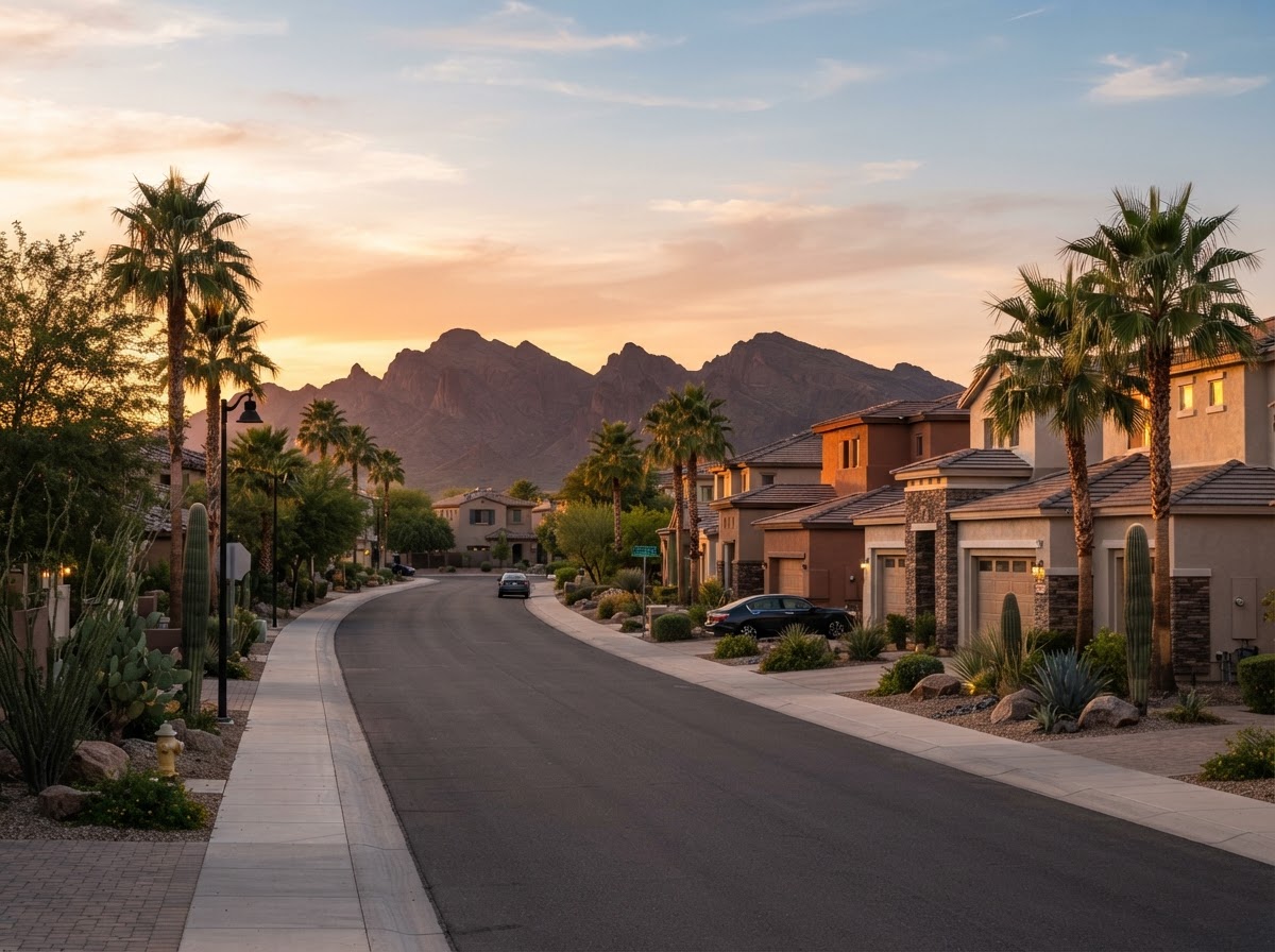 A Goodyear, Arizona residential street with stucco homes and the Estrella Mountains at golden hour