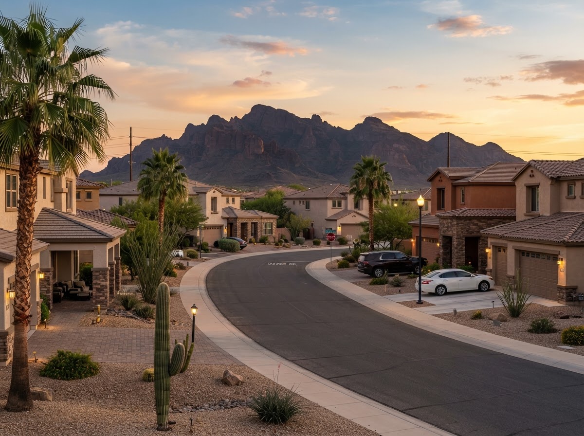 A Surprise, Arizona neighborhood with newer stucco homes and the White Tank Mountains at sunset
