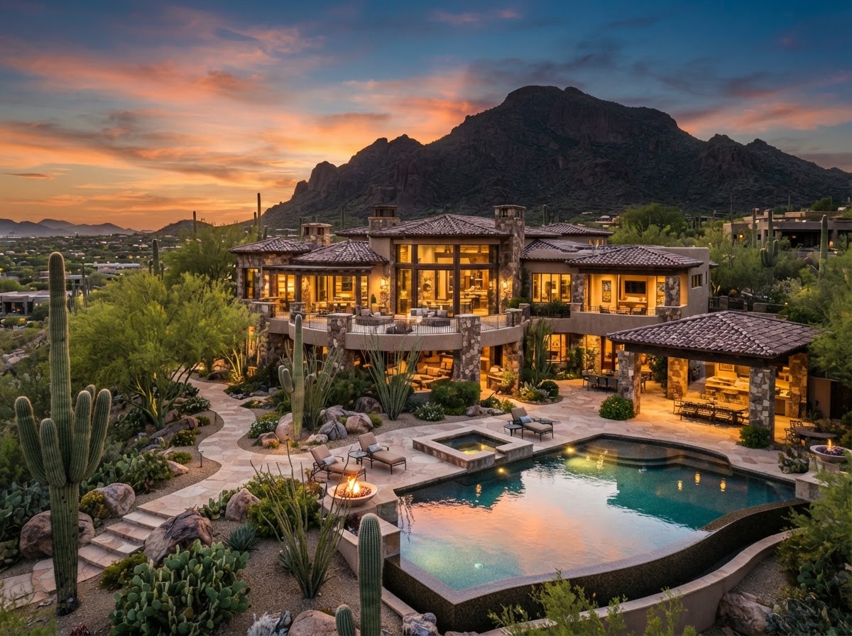 A luxury estate in Paradise Valley, Arizona with desert landscaping and Camelback Mountain at sunset