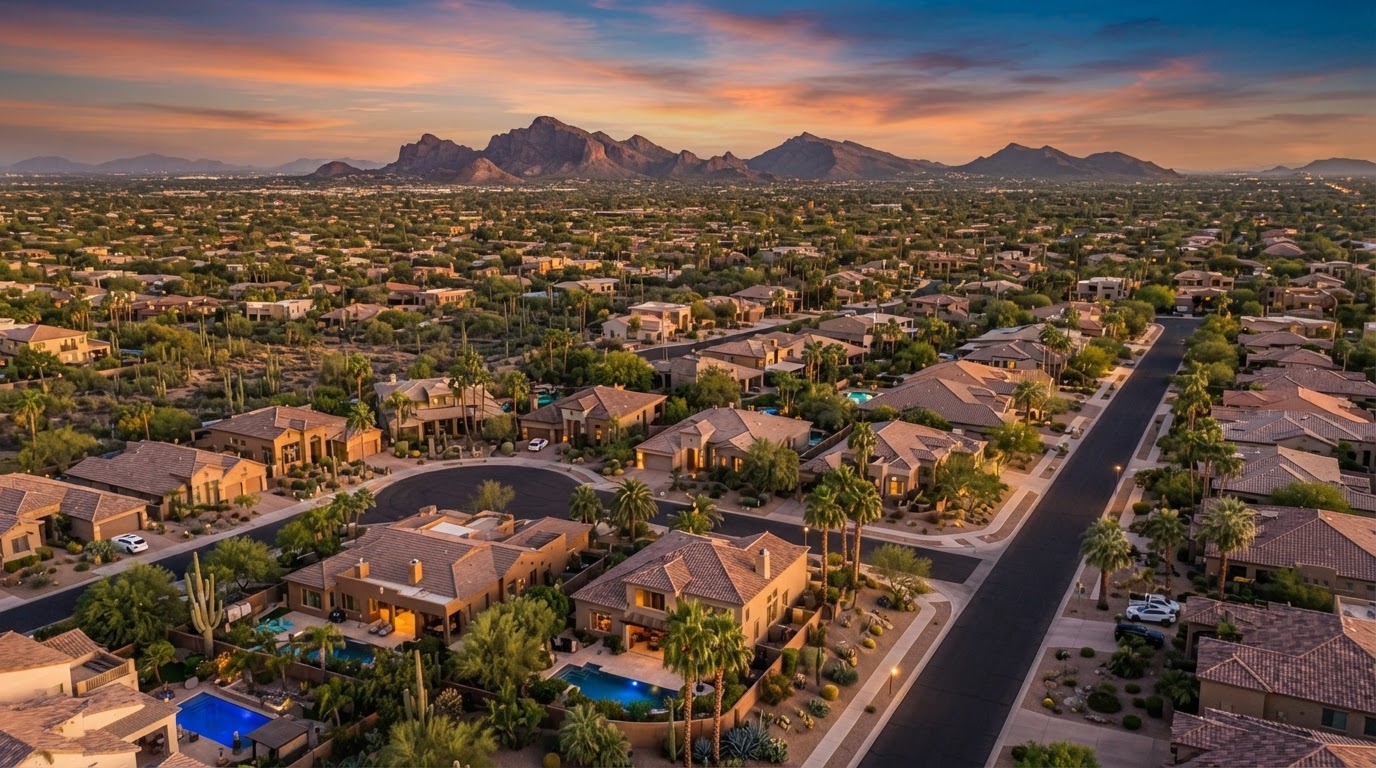Arizona residential neighborhood at sunset