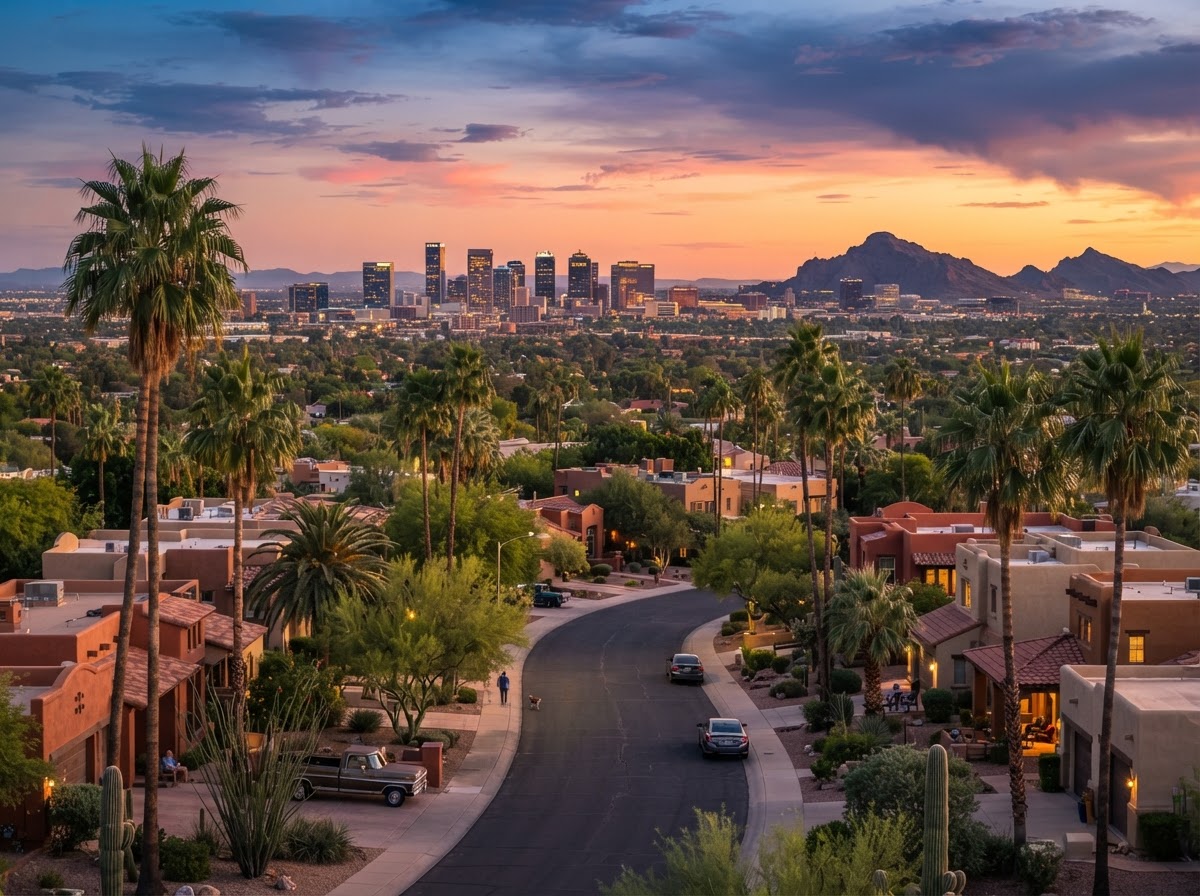 A Phoenix, Arizona neighborhood with palm trees and the downtown skyline at sunset