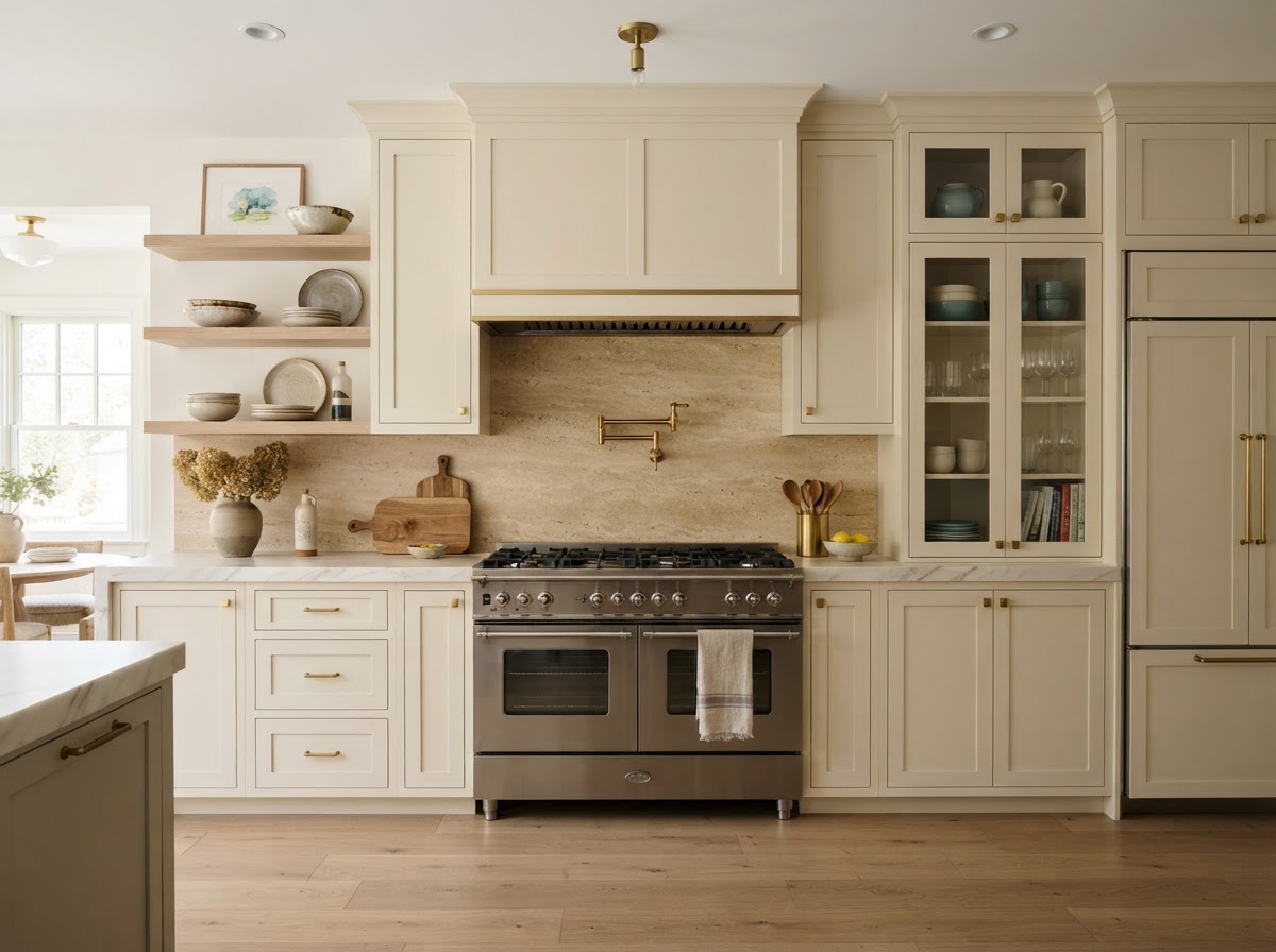 Range wall with a full-height stone backsplash