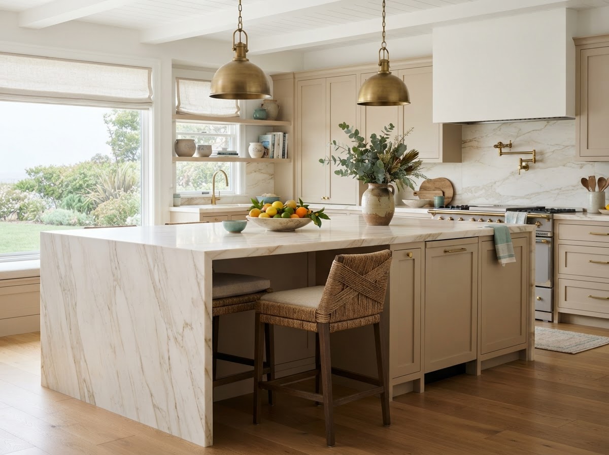 Kitchen island with a warm stone countertop and counter stools