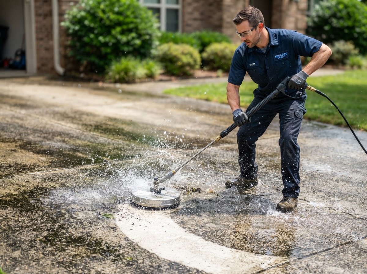 Premier Power Clean technician pressure washing a driveway, clean concrete emerging from stained surface