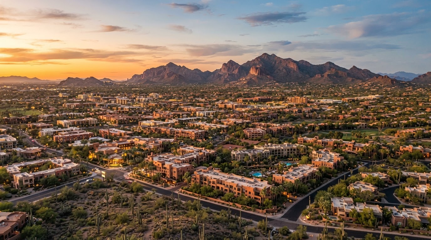 Scottsdale, Arizona desert cityscape at golden hour