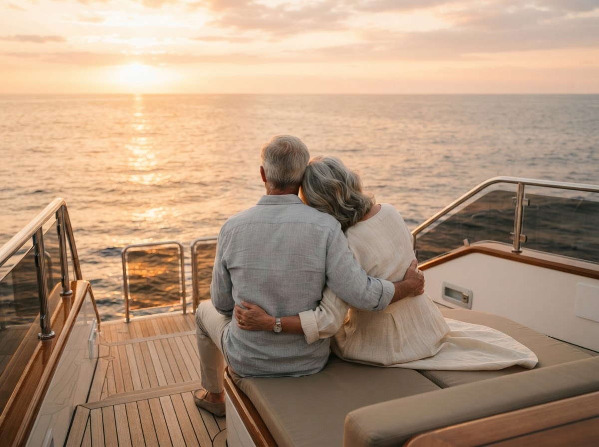 Wealthy retired couple sitting together at the edge of a luxury yacht at sunset with woman resting head on partner's shoulder