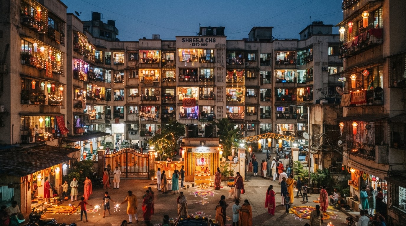 A residential housing society complex in a Mumbai suburb at dusk during festival season, with string lights and decorations in a shared courtyard.