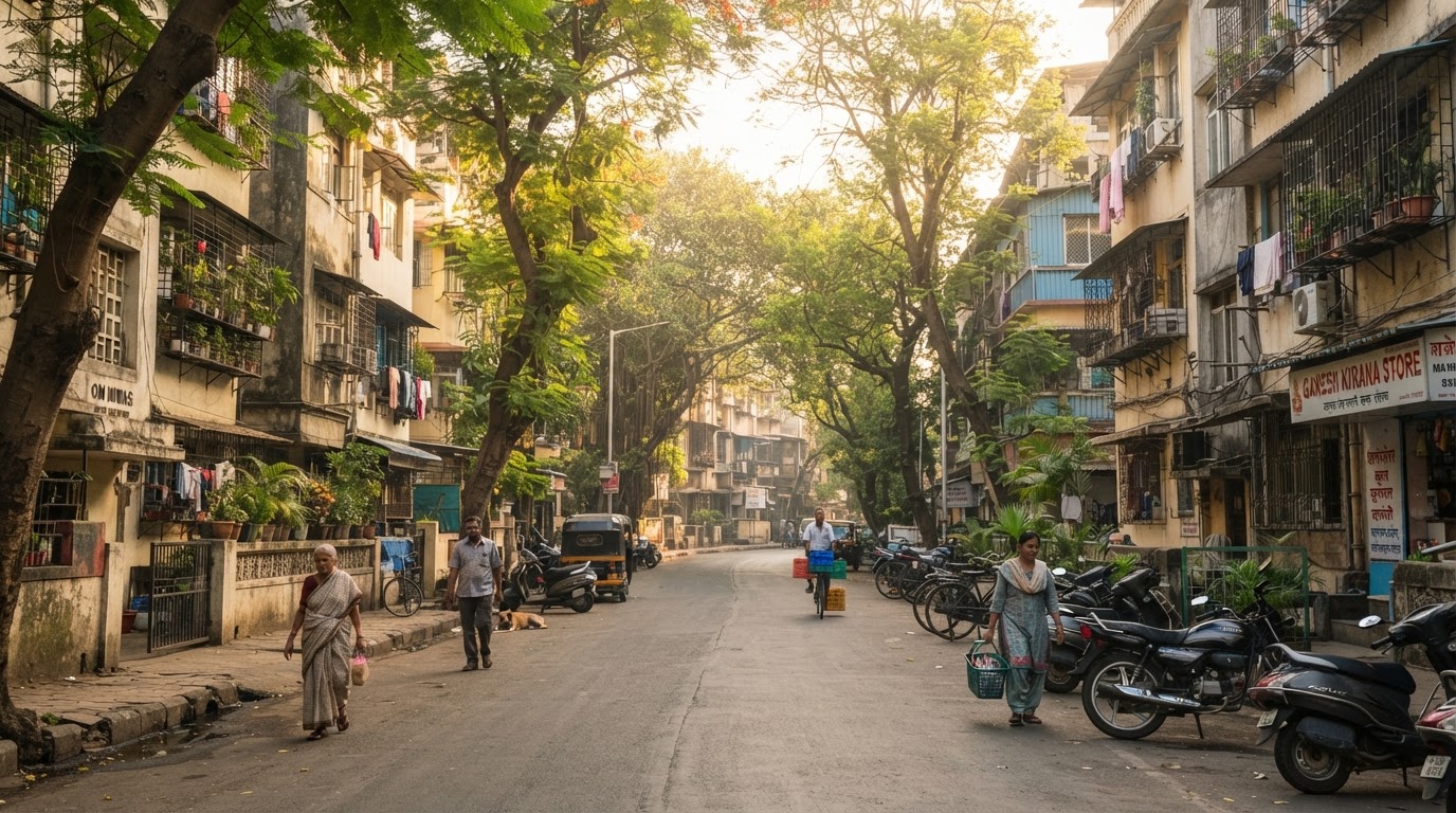 A quiet residential lane in a Mumbai suburb lined with low apartment buildings and trees in morning light.