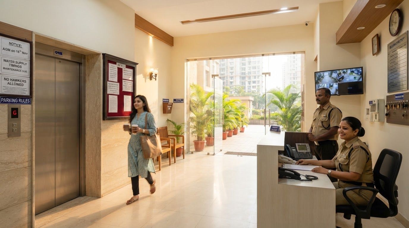 A residential apartment society building in a Mumbai suburb, representing housing-society maintenance charges.