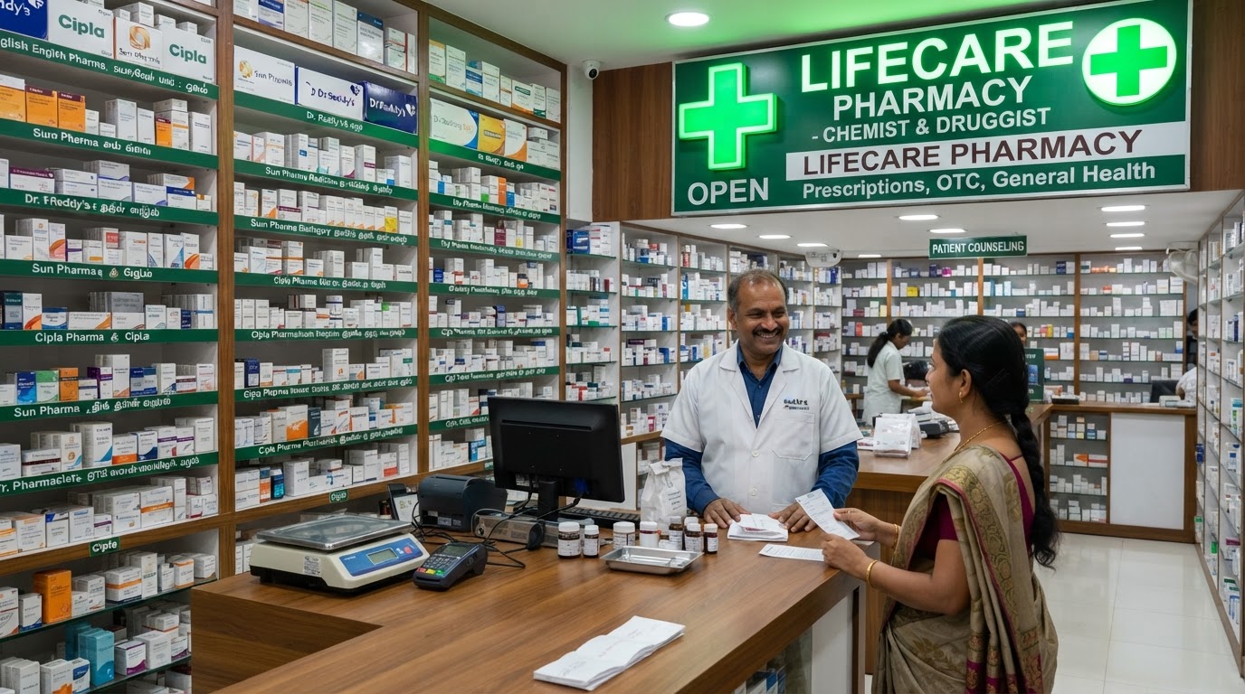 A neighborhood Indian pharmacy and medical store with shelves of medicine boxes, a pharmacist behind the counter with a white coat, clean organized pharmacy interior with green cross sign.