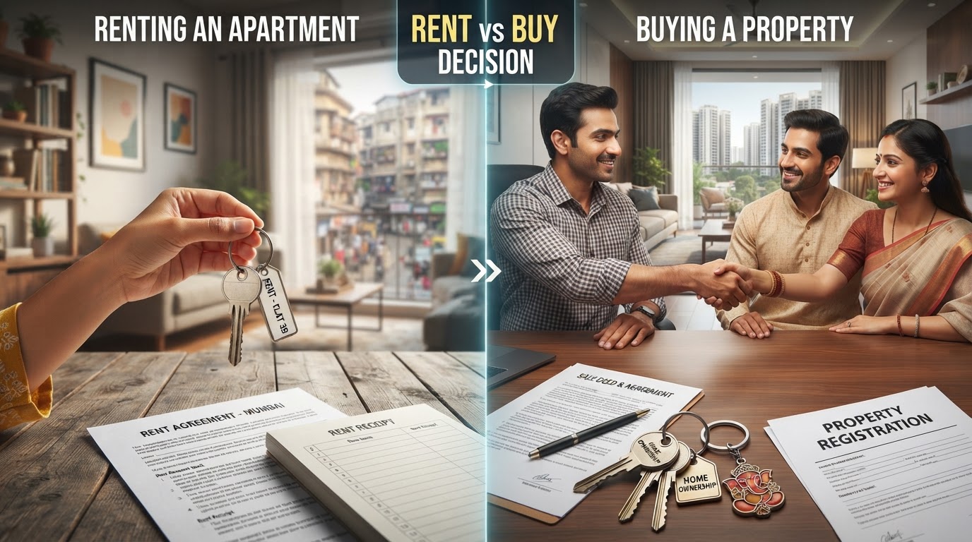 A comparison concept image showing a rented apartment key and a sold property handshake, Indian real estate, representing rent vs buy decision.