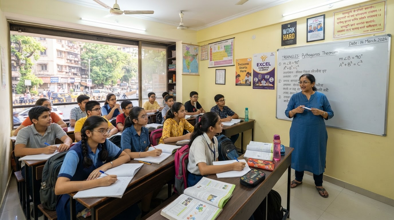 A tuition classroom in a Mumbai suburb — a teacher at a whiteboard with students at desks, books and notebooks, educational coaching setting.