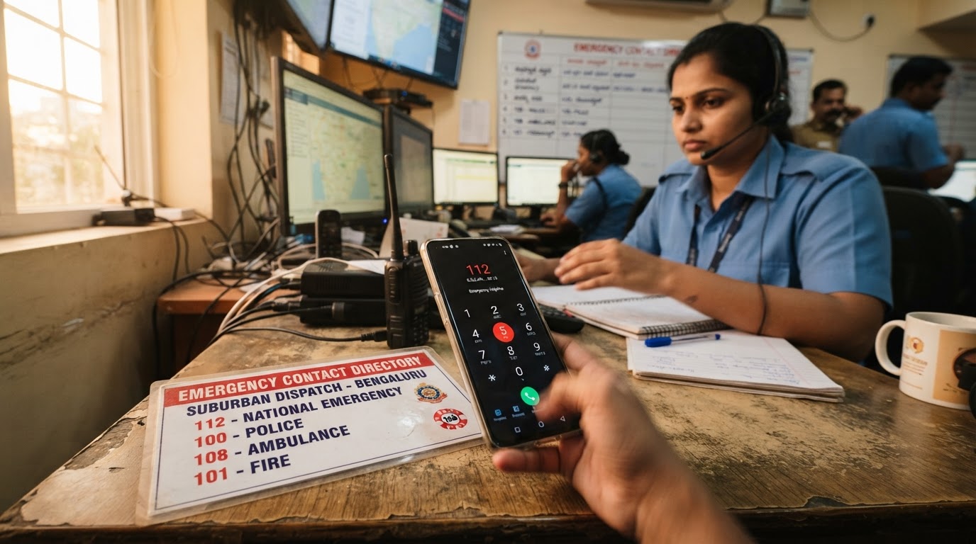 A smartphone showing an emergency call dial pad with 112 highlighted, beside a printed emergency contact directory card on a desk in warm light.