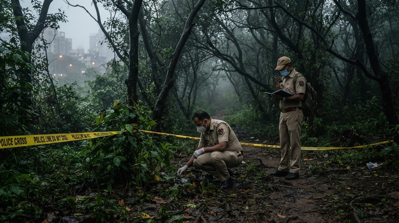 A dense forested area on the outskirts of a Mumbai suburb at dawn, trees and undergrowth with a misty atmosphere.