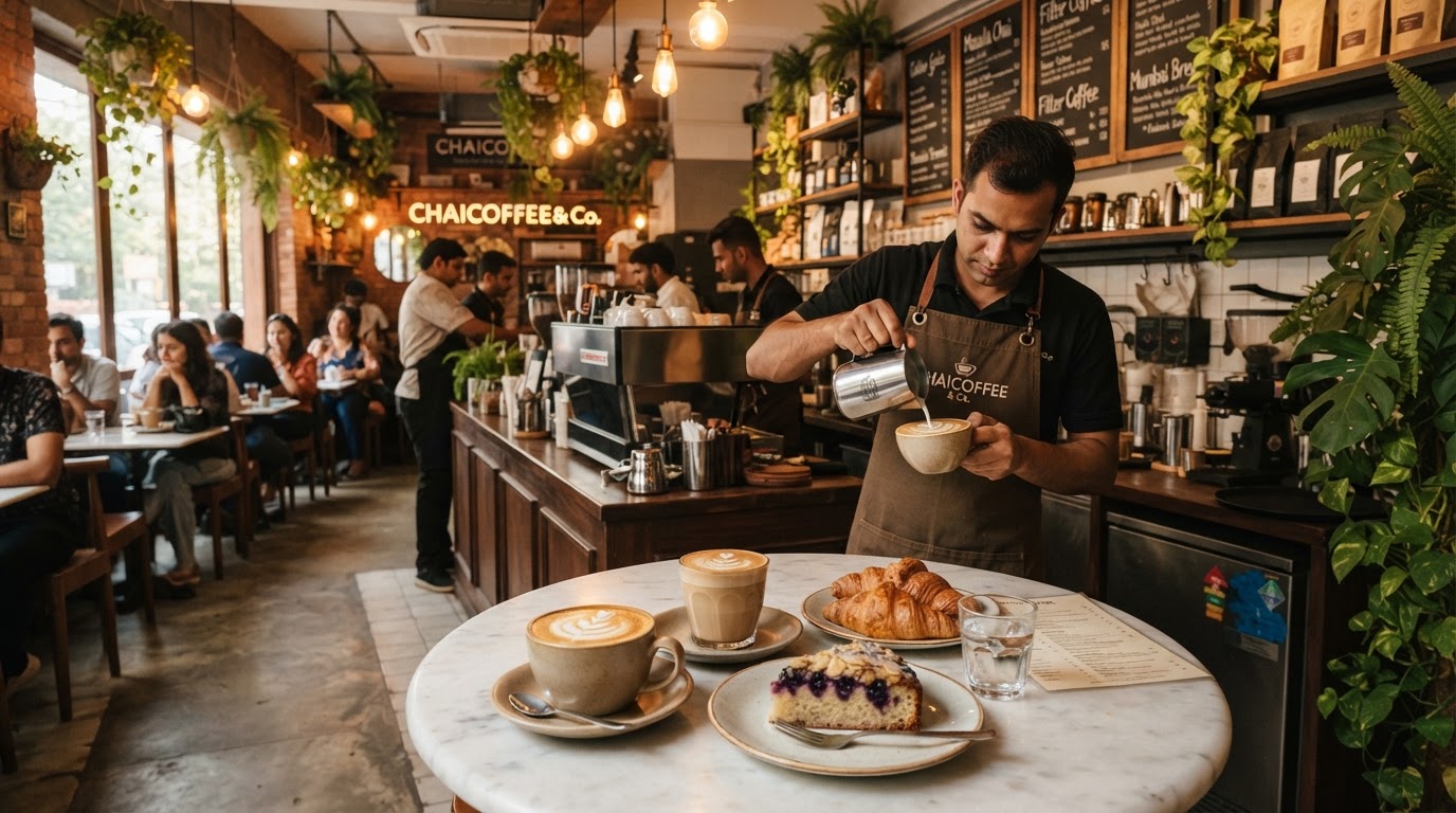 A cozy modern Indian café interior in a Mumbai suburb — warm ambient lighting, a wooden counter with a barista pouring latte art, fresh coffee cups and pastries on a marble table.