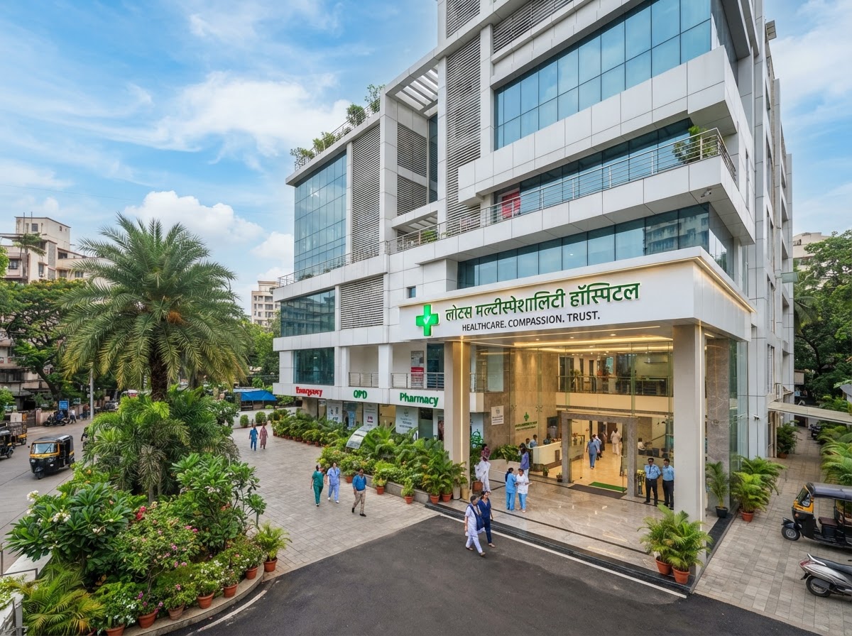 A bright modern hospital building exterior in a Mumbai suburb with a green cross sign and clean entrance.