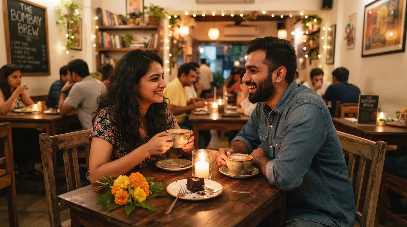 A romantic evening café date scene in a Mumbai suburb, two coffee cups on a candlelit table, warm soft lighting, cozy intimate atmosphere.