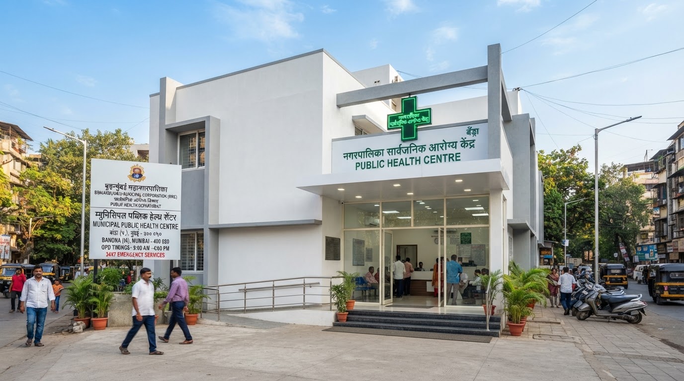 A bright modern municipal health centre building in a Mumbai suburb with a green cross sign, clean entrance and signage in clear daylight.