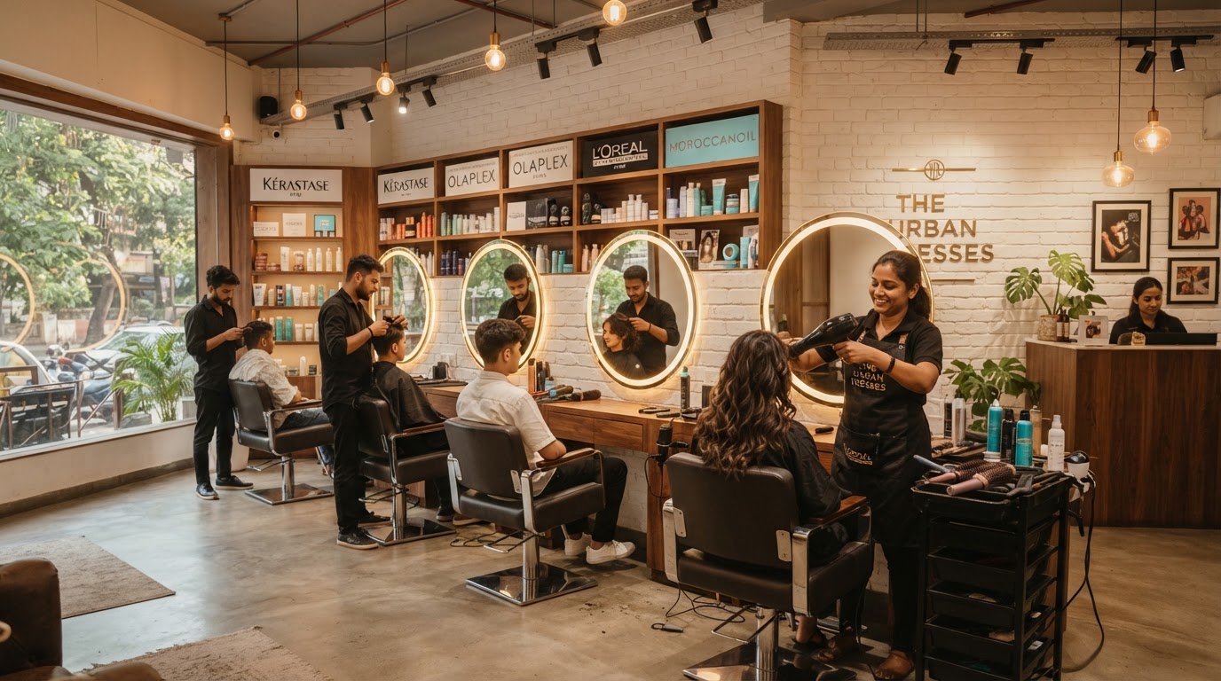 A modern unisex hair salon interior in a Mumbai suburb — styling chairs, large mirrors, hair products on shelves, soft warm lighting, a stylist's station.