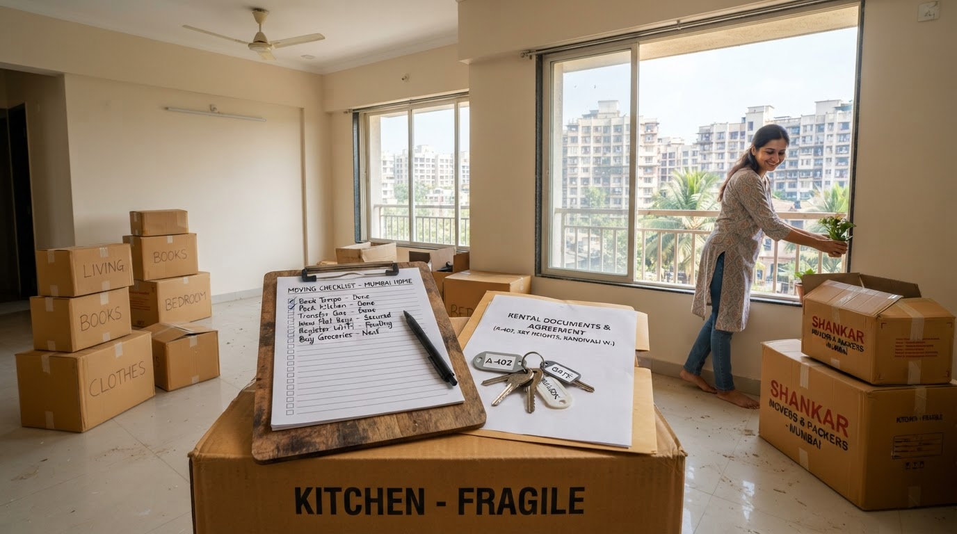 A moving checklist with boxes in a new apartment, keys, rental documents, a clipboard, representing moving to a new home in a Mumbai suburb.