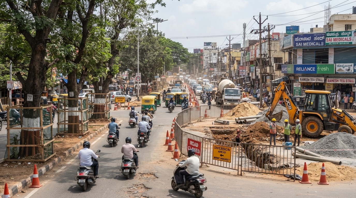 A road junction in an Indian suburb with roadworks, traffic cones, barricades and a few trees marked for transplantation, construction equipment, daytime traffic.