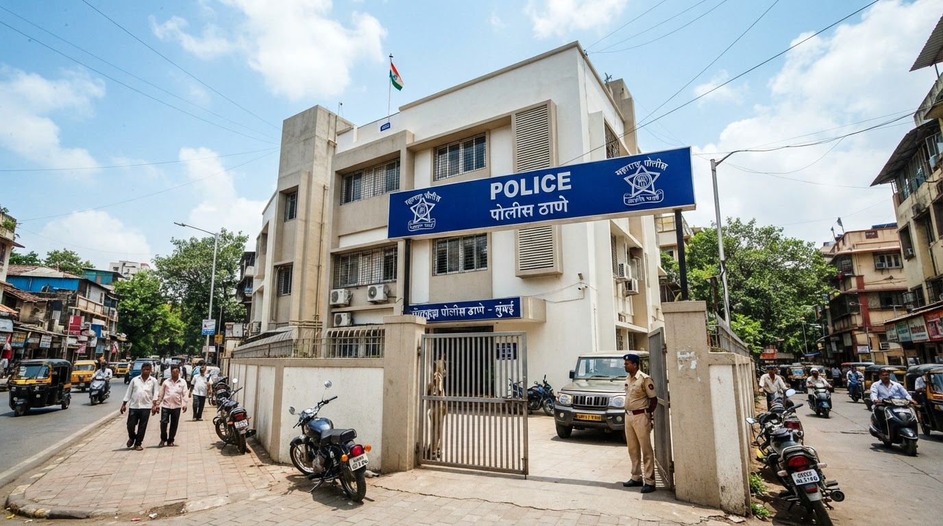 A local police station building in a Mumbai suburb with a blue signboard, entrance gate and an Indian police emblem, photographed in clear daylight.