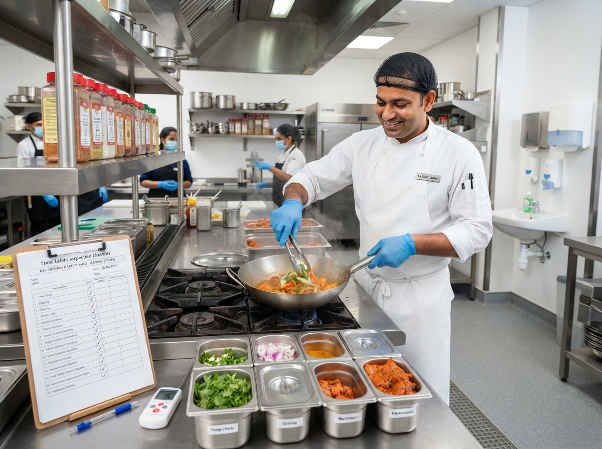 A clean, bright Indian restaurant kitchen showing food safety and hygiene practices — a chef in white uniform and gloves preparing food on a stainless steel counter with fresh ingredients organized in clean containers.