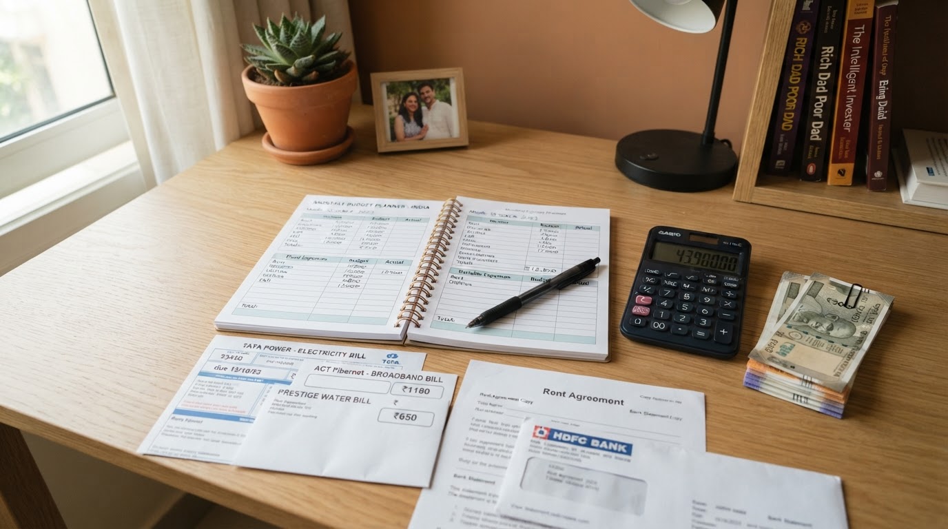 A neat desk with a monthly budget planner, calculator, Indian rupee notes, and household bills, representing cost of living planning.