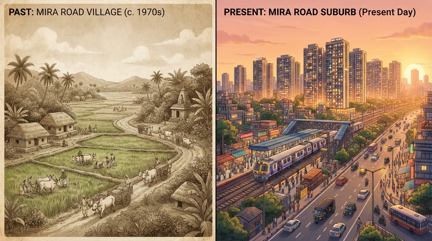 A split composition showing an archival-style rural Indian village landscape with rice fields and palm trees on the left, transitioning to a modern Mira Road suburb skyline with residential towers and a railway station at golden hour on the right.