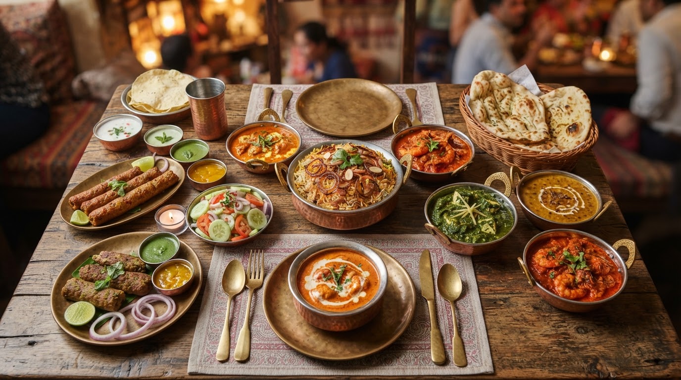 A warm overhead shot of a beautifully arranged Indian restaurant table — colorful curries, naan, biryani, kebabs and chutneys on a rustic wooden table in a softly lit family restaurant.
