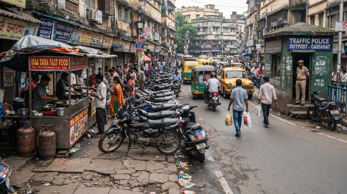 A blocked footpath in an Indian suburb with a roadside stall and parked vehicles obstructing pedestrian access, a traffic-police outpost, daytime, civic encroachment and urban traffic mood.