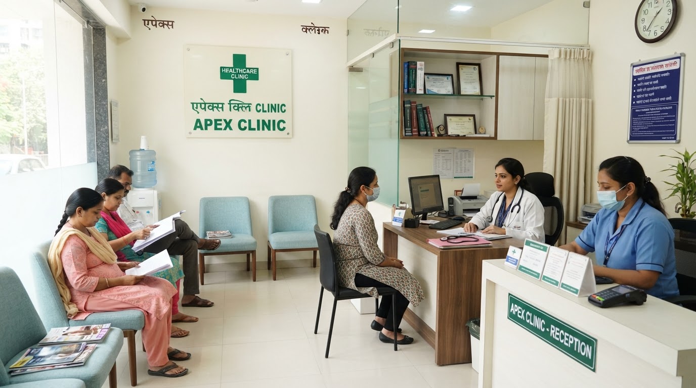 A clean, bright medical clinic reception area in a Mumbai suburb — a doctor's consultation desk with stethoscope, a waiting area chair, green cross signage.