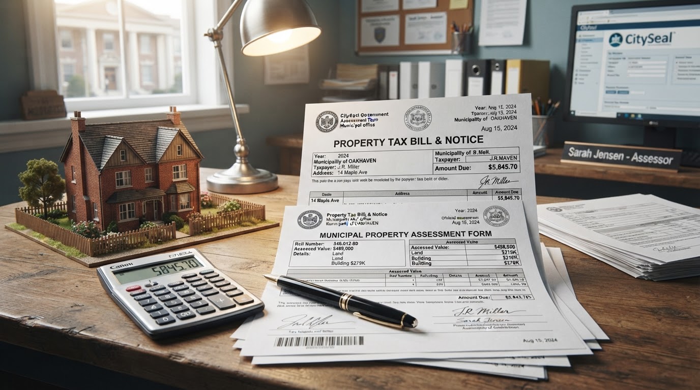 A property tax assessment document and a calculator on a desk with a municipal building in the background, civic taxation.
