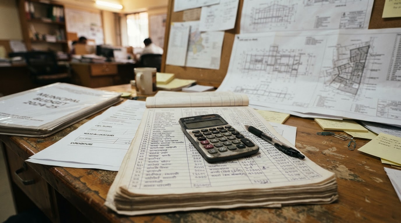 Municipal budget documents and a calculator on a wooden desk with civic infrastructure blueprints softly out of focus in the background.