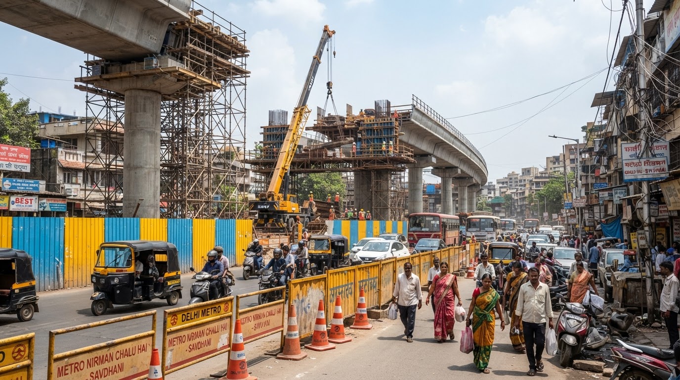 A Mumbai Metro construction site with cranes, viaduct pillars and scaffolding along a suburban road, infrastructure development.