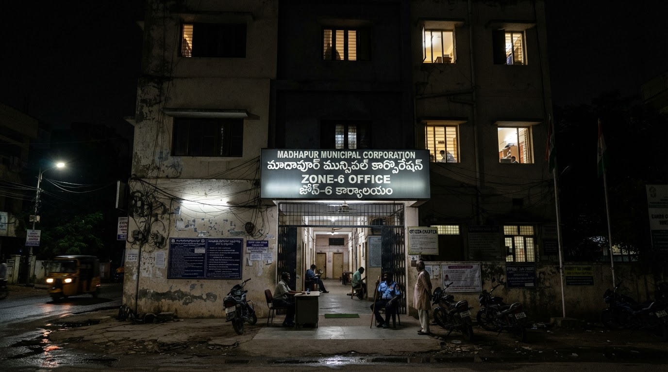 A municipal government building exterior in an Indian suburb at night, dimly lit windows and official signage, symbolising institutional scrutiny.