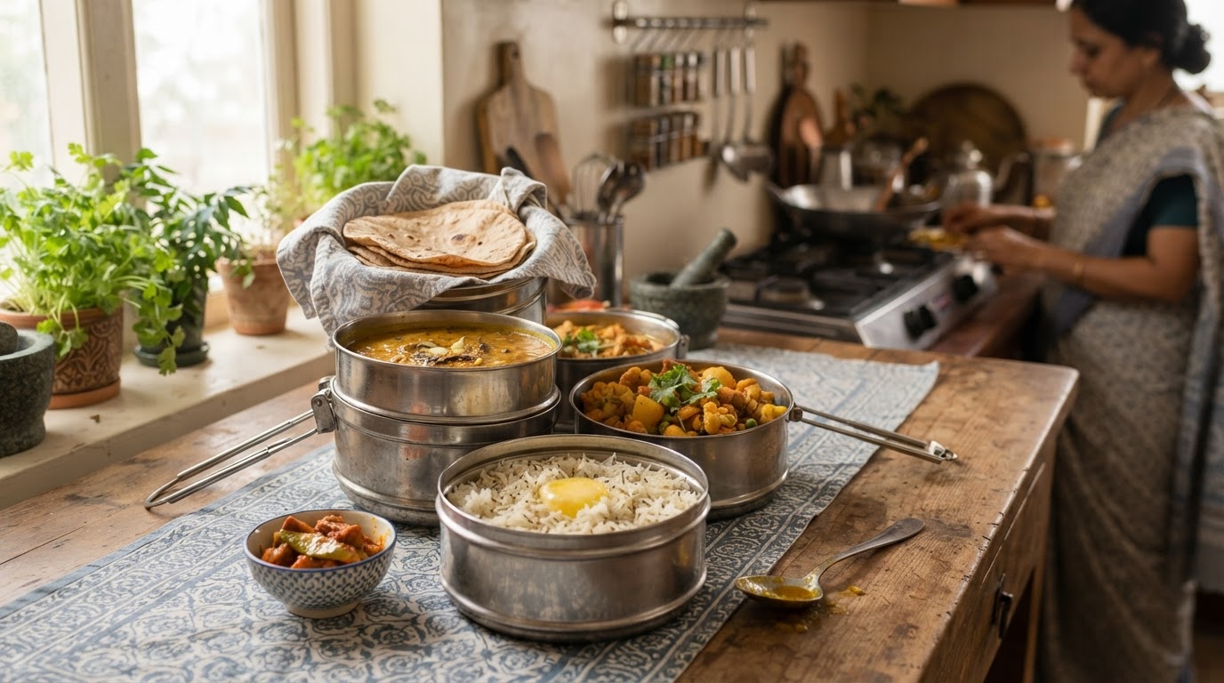 Stacked stainless steel Indian tiffin boxes opened to show home-cooked meals — roti, dal, sabzi and rice — on a warm wooden kitchen counter with a cloth cover.