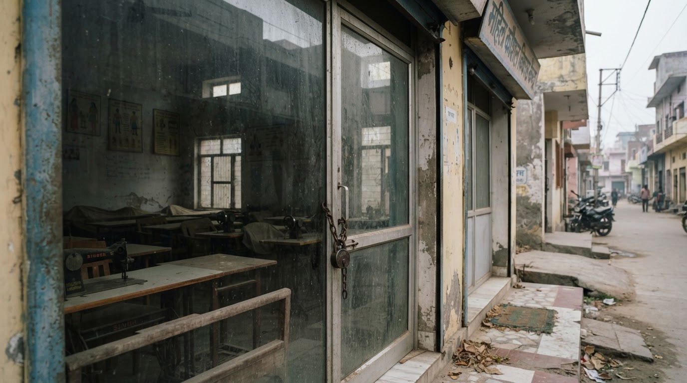 A closed women's skill-development training centre in an Indian suburb with a locked glass door and a dusty unused classroom visible inside.