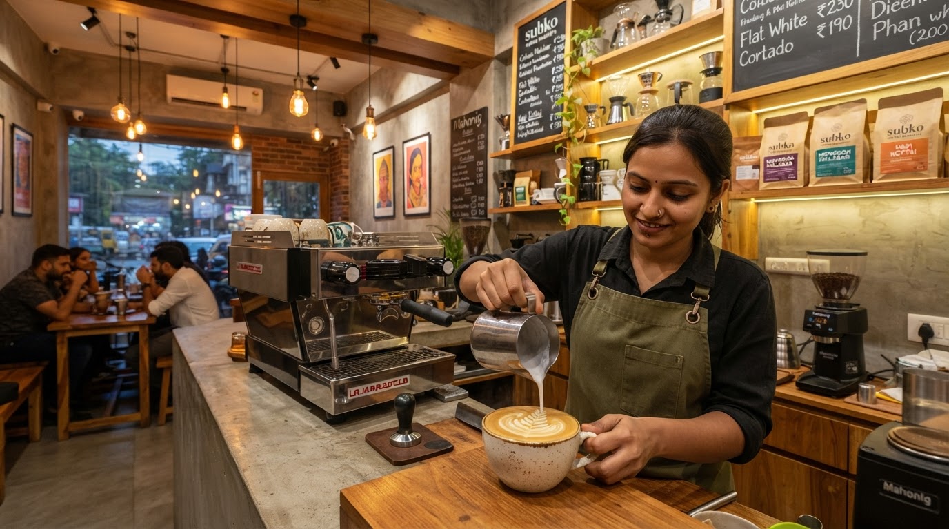 A modern specialty coffee shop interior in a Mumbai suburb — sleek espresso machine, a barista pouring latte art, warm ambient lighting, exposed concrete and wood counter, shelves of coffee bags.