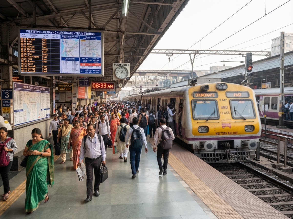 A Mumbai suburban local train arriving at a clean station platform with commuters and a timetable board in morning light.