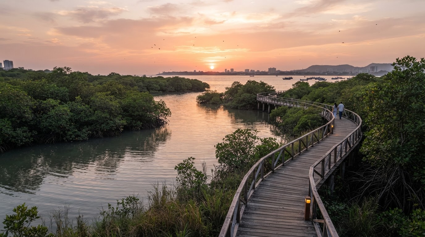 A peaceful nature scene near Mira Bhayandar — a coastal creek landscape with mangroves, greenery, and a walking path at sunset.