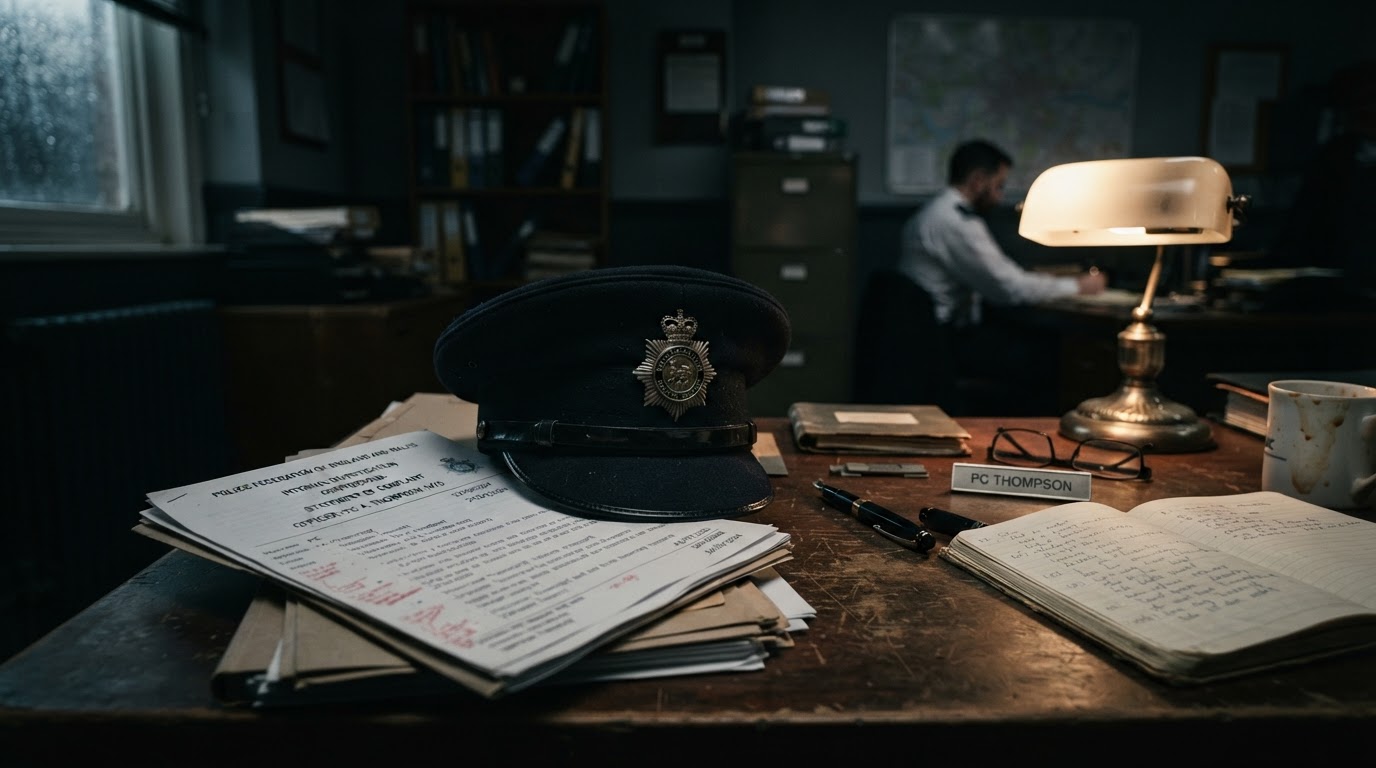 A police constable's uniform cap and badge on a wooden desk with legal documents under dim moody lighting, symbolising law enforcement accountability.