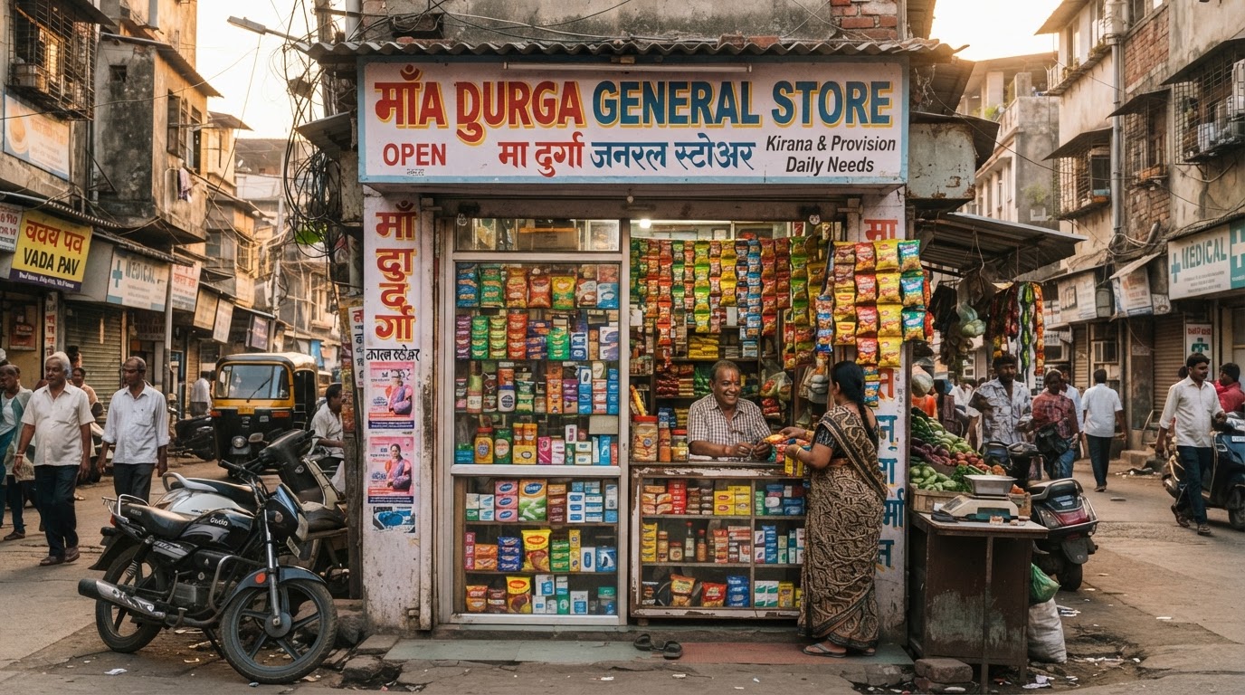 A small local kirana store storefront in a Mumbai suburb with colorful signage and packets visible through the glass.