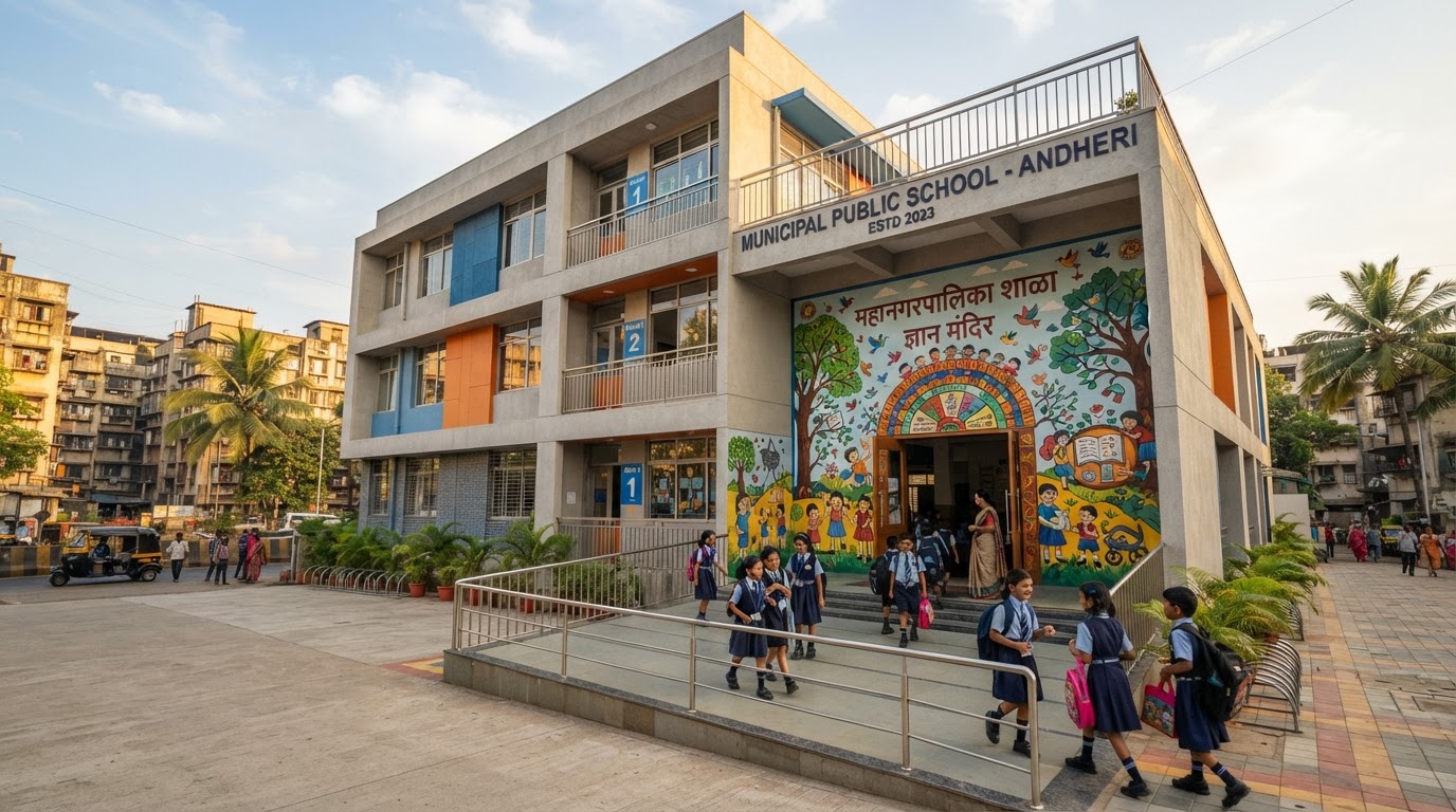 A clean modern municipal school building in a Mumbai suburb with a painted mural and children walking in, simple architecture, warm light.