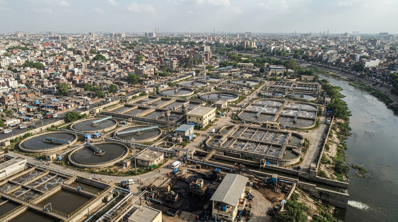 Aerial view of a sewage treatment plant with large treatment tanks and industrial machinery.
