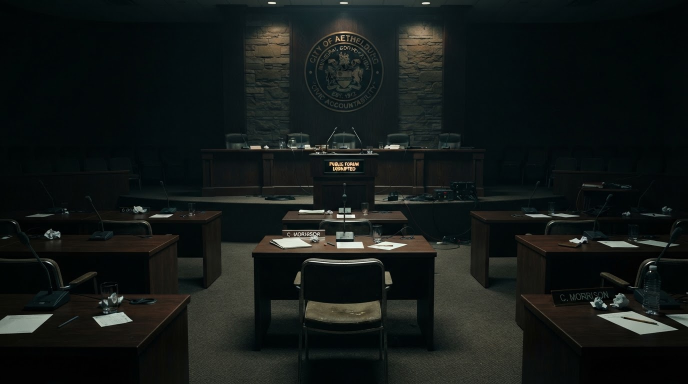 An empty municipal corporation meeting hall with rows of desks, microphones and empty chairs under dramatic low-key lighting, a large podium and a municipal seal on the wall, symbolising civic accountability.