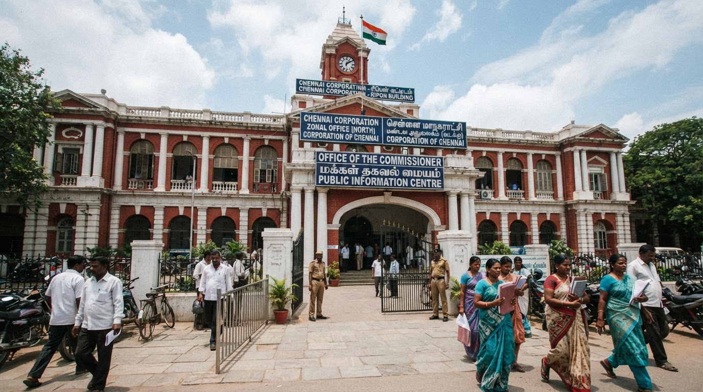A municipal office building in India with government signage.