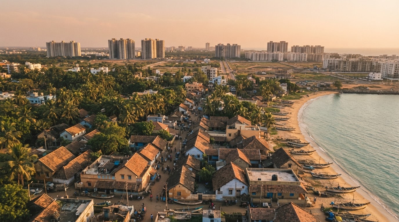 An aerial view of old coastal Indian village settlements with traditional houses and palm trees, with modern apartment towers visible on the distant horizon at golden hour.